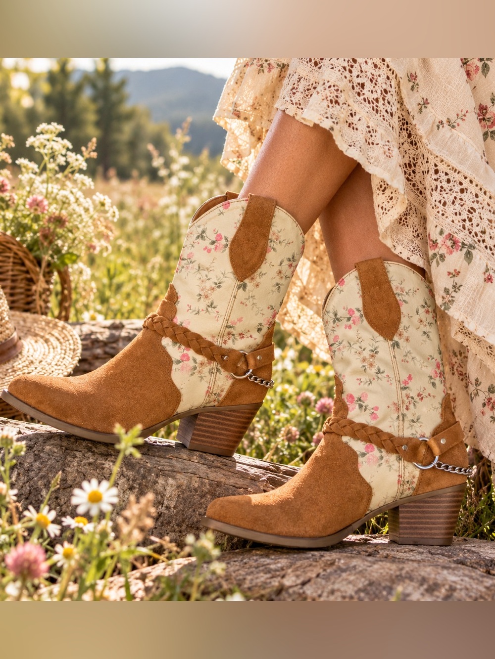 Sterling River Floral Western Cowboy Boots Women’s 8M Leather Cottagecore Boho